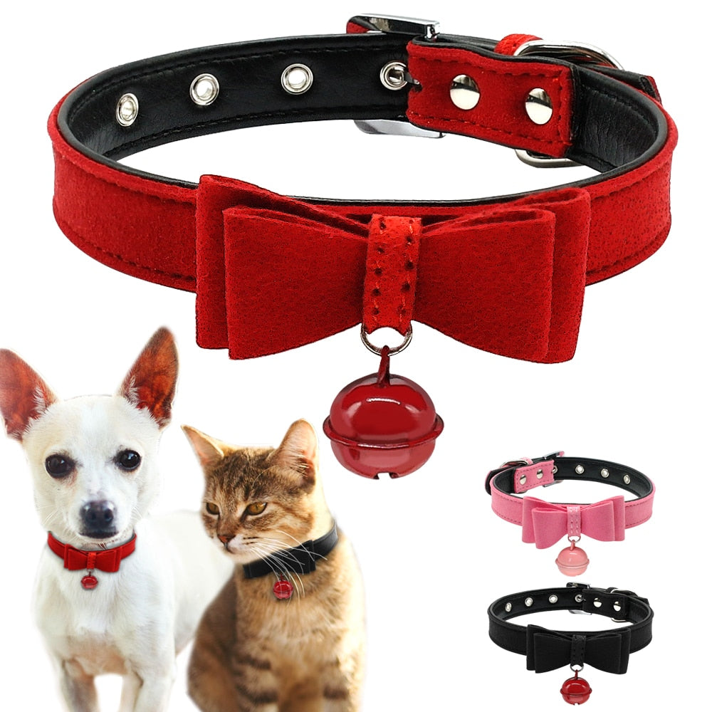 Bowtie Leather Bell Collars-Pawsitivetrends